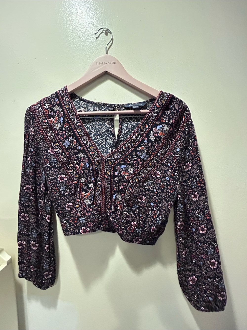 American Eagle Outfitters Black Floral V-Neck Cropped Peasant Top
